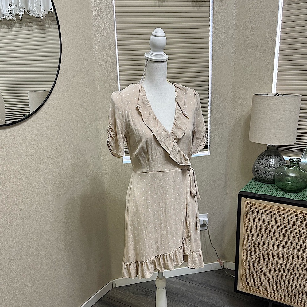 SANCTUARY • Tan Polka Dot Faux Wrap Dress